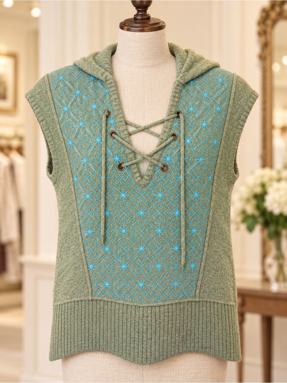 Free People Sage Green Lace-Up Hooded V-Neck Sweater Vest with Turquoise Stitch